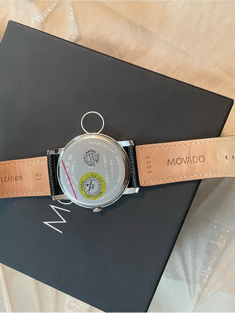 Movado Black Dial Silver Case Black Leather Strap Watch